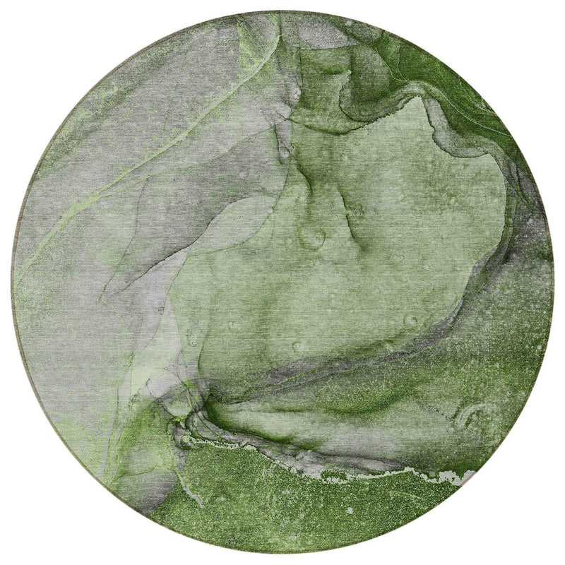 8' Round Olive Green Round Abstract Washable Non Skid Indoor Outdoor Area Rug