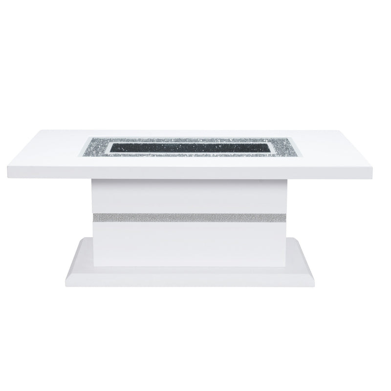 White pedestal coffee table with gray faux crystal tabletop panel