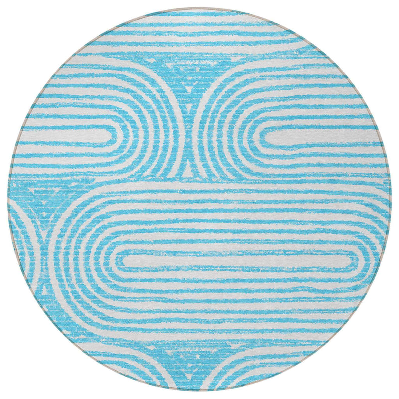 8' Round Teal Round Abstract Washable Non Skid Indoor Outdoor Area Rug