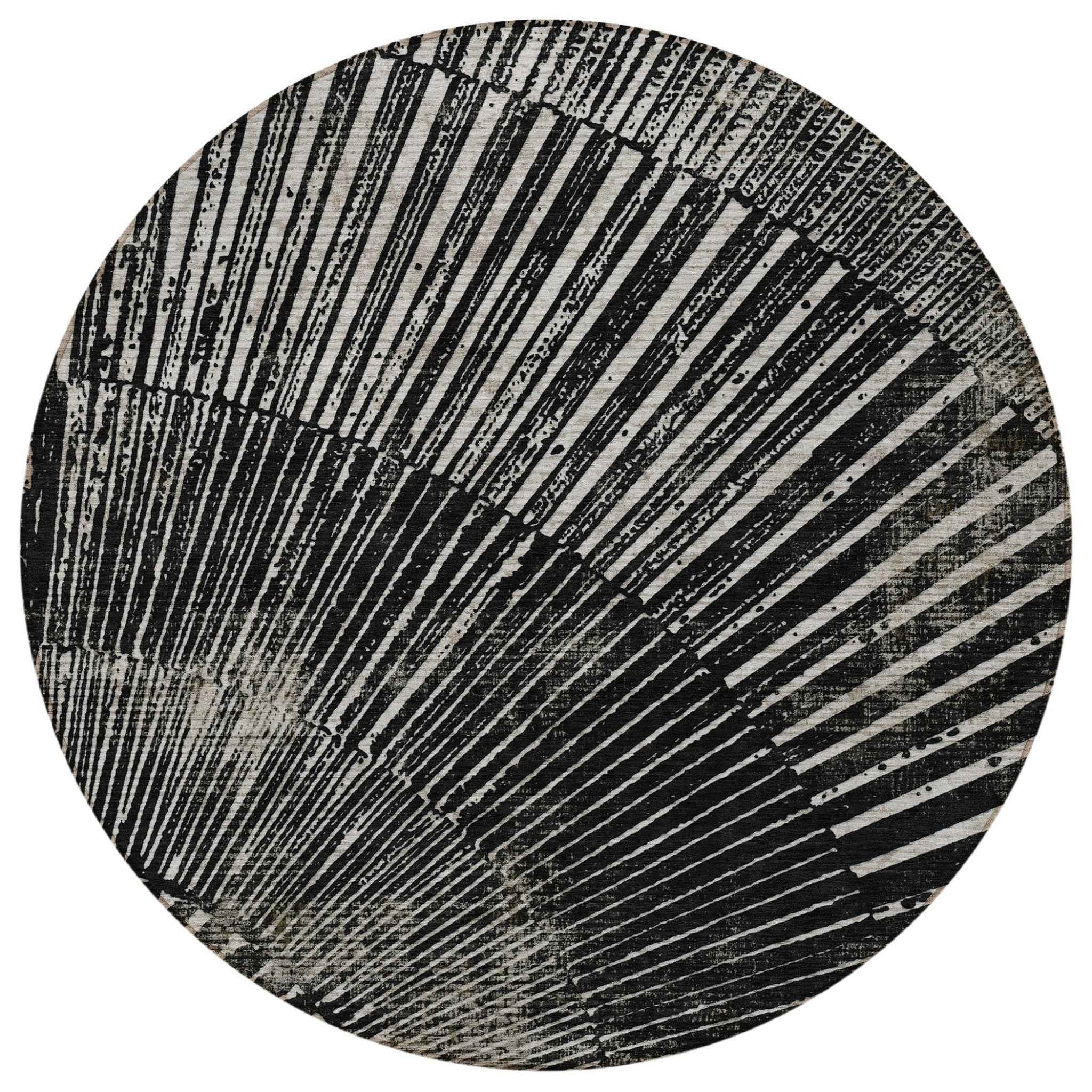 8' Round Black and Ivory Round Abstract Washable Non Skid Indoor Outdoor Area Rug