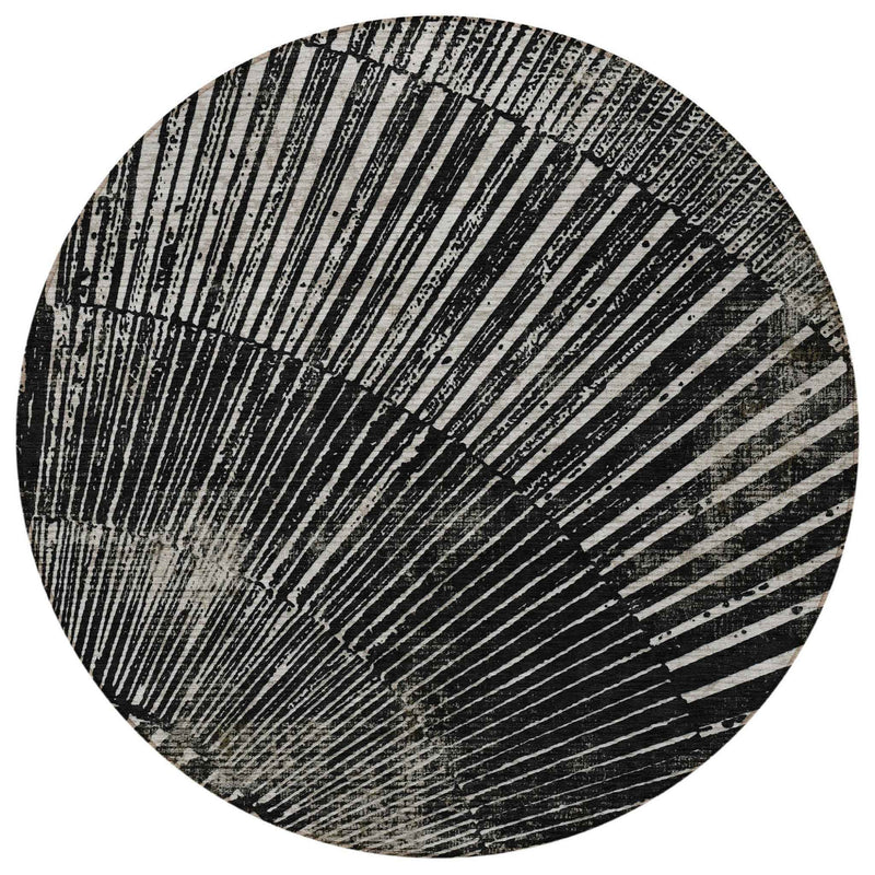 8' Round Black and Ivory Round Abstract Washable Non Skid Indoor Outdoor Area Rug
