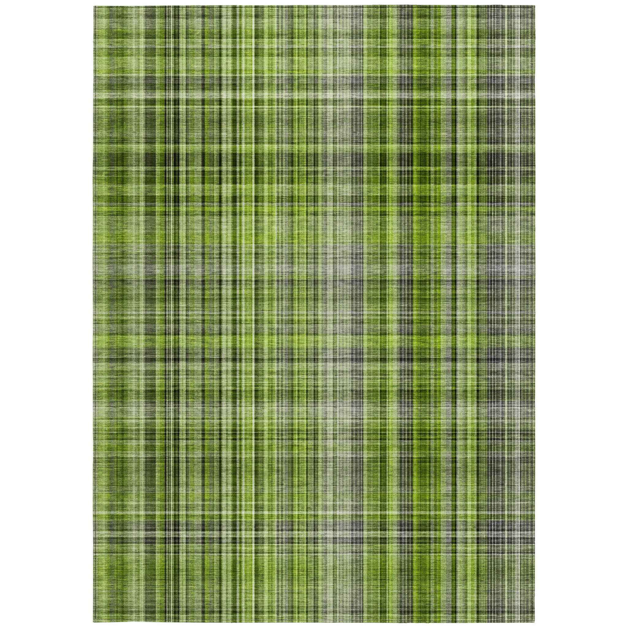 10' X 14' Green Plaid Washable Non Skid Indoor Outdoor Area Rug