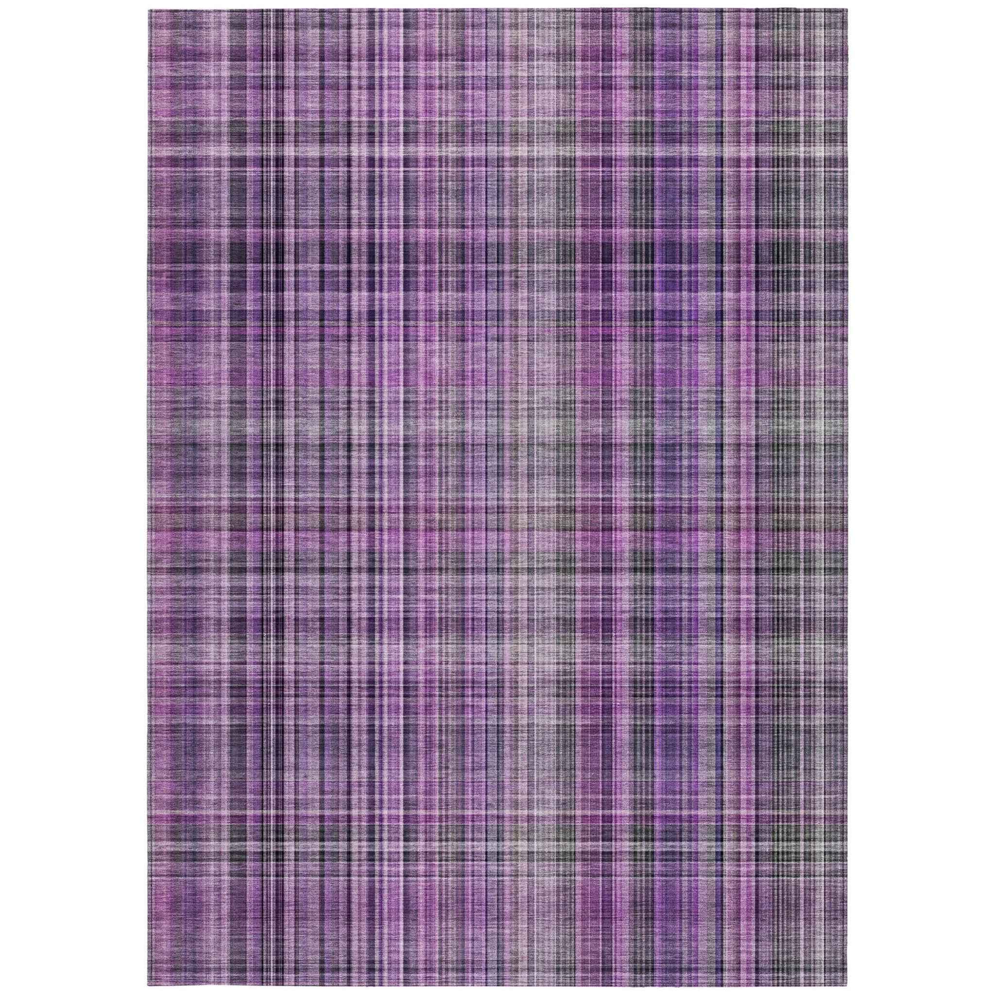 9' X 12' Purple Plaid Washable Non Skid Indoor Outdoor Area Rug