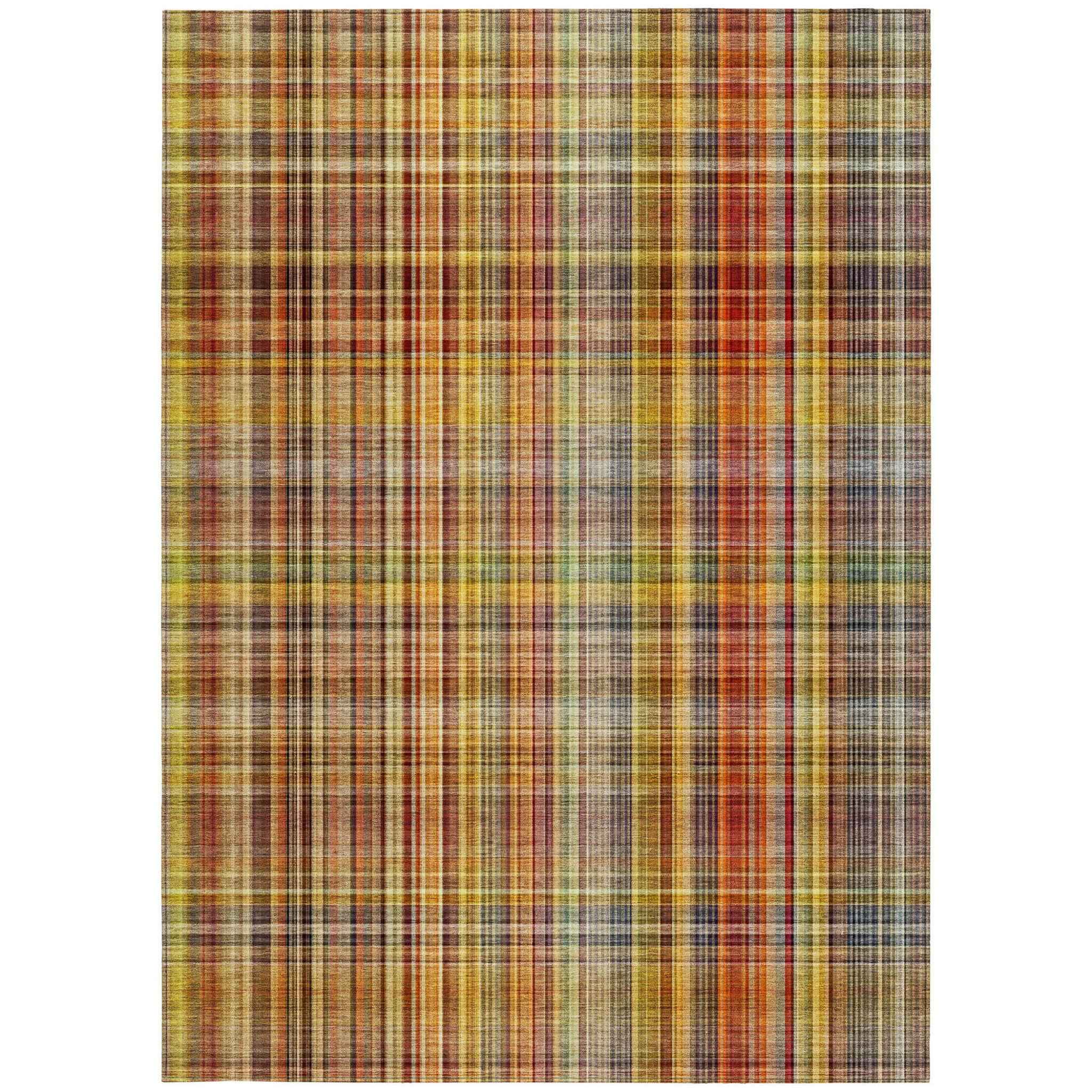 8' X 10' Orange Plaid Washable Non Skid Indoor Outdoor Area Rug