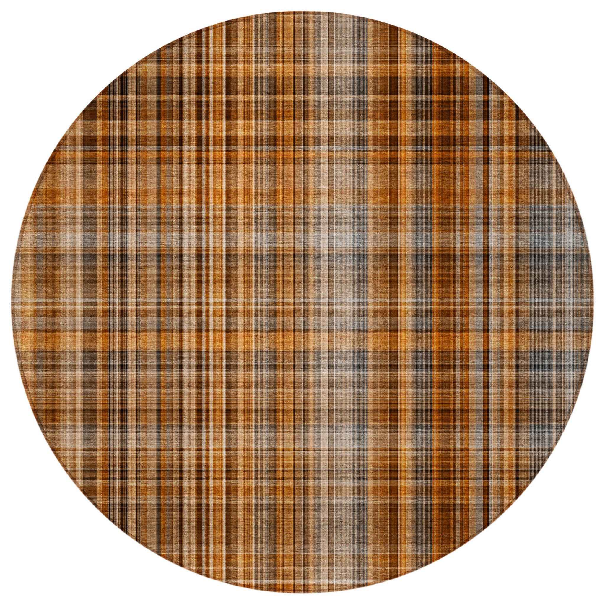 8' Round Terra Cotta Round Plaid Washable Non Skid Indoor Outdoor Area Rug