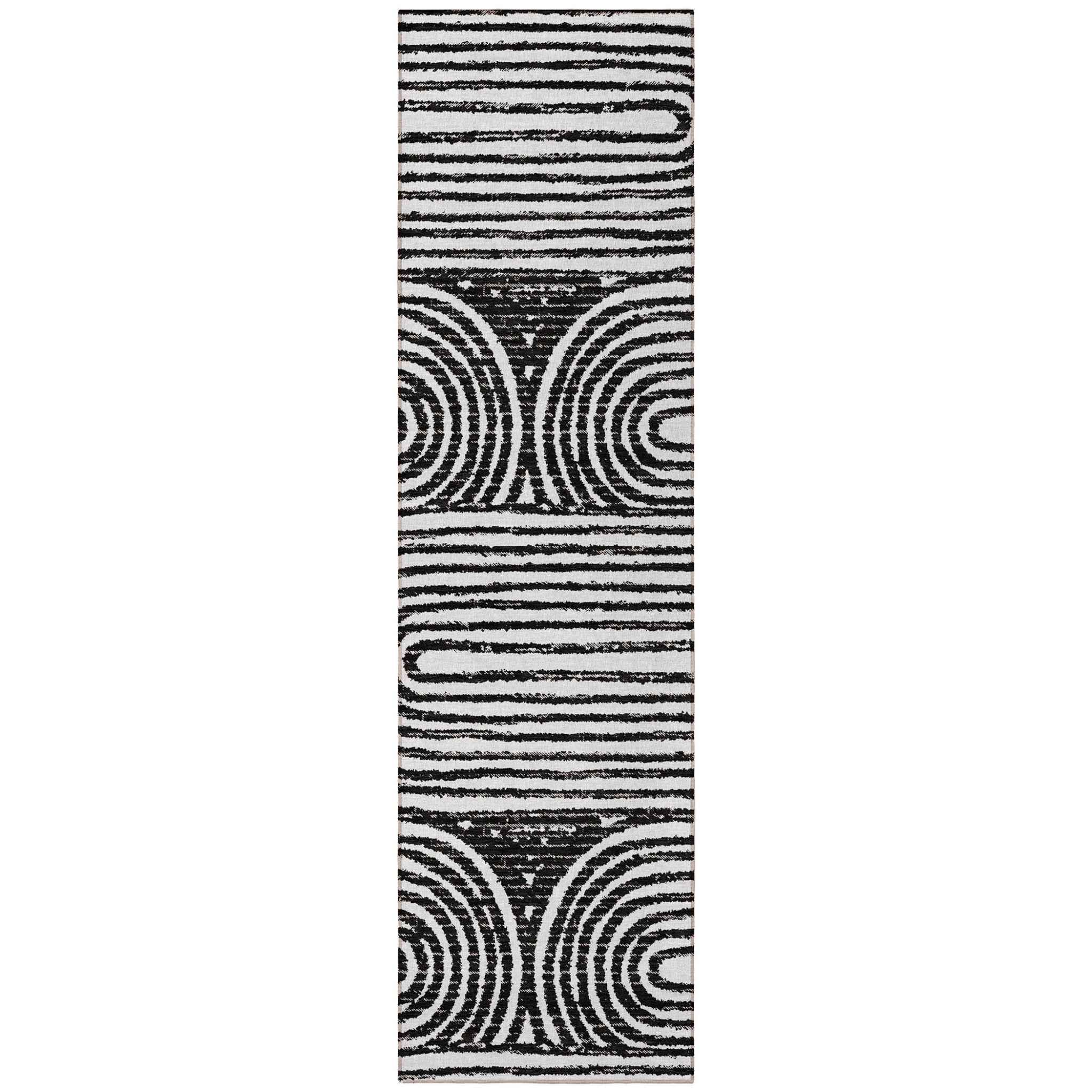 8' Runner Black and White Abstract Washable Non Skid Indoor Outdoor Runner Rug