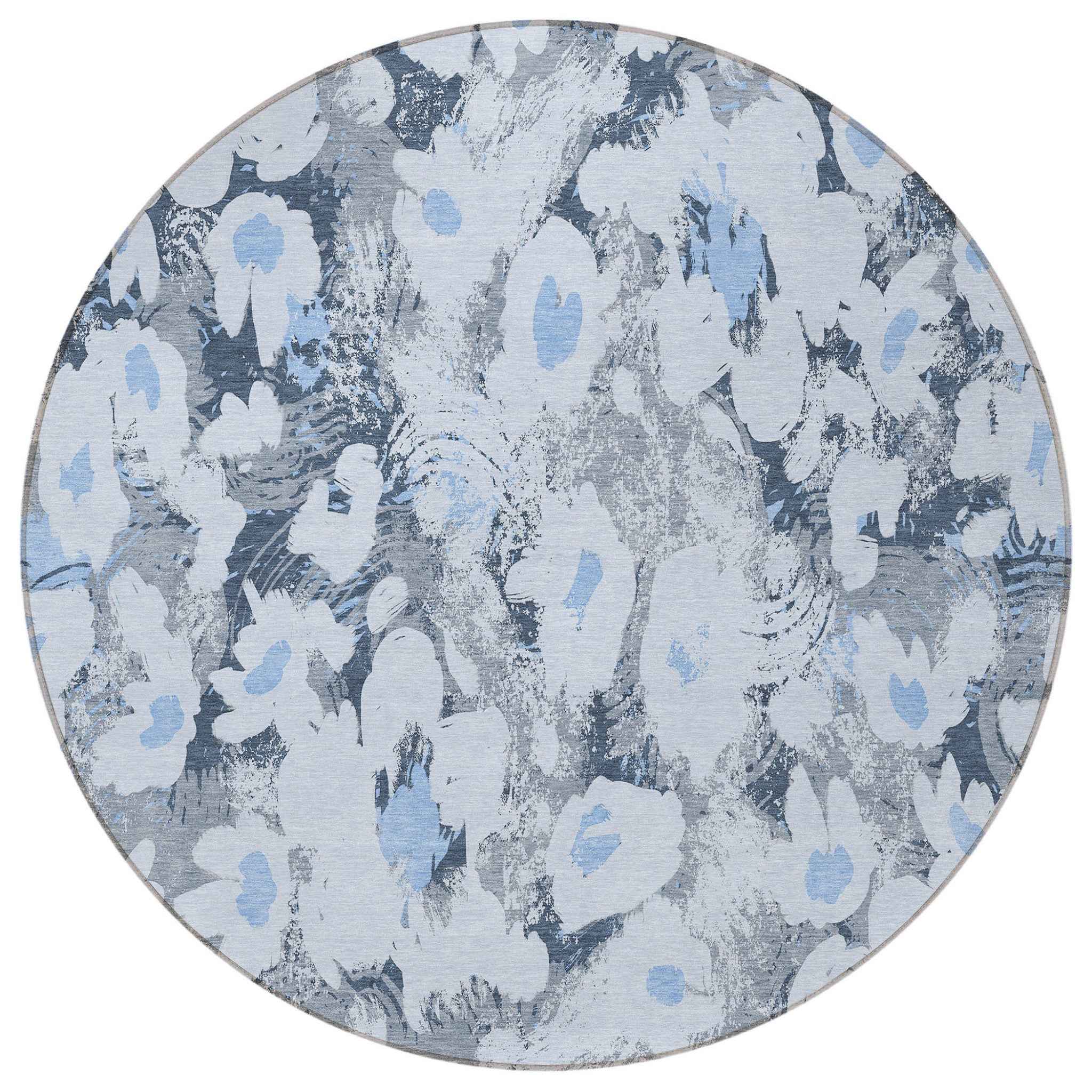 8' Round Denim Blue Round Floral Washable Non Skid Indoor Outdoor Area Rug