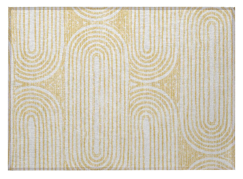 2' X 3' Gold and White Abstract Washable Non Skid Indoor Outdoor Area Rug