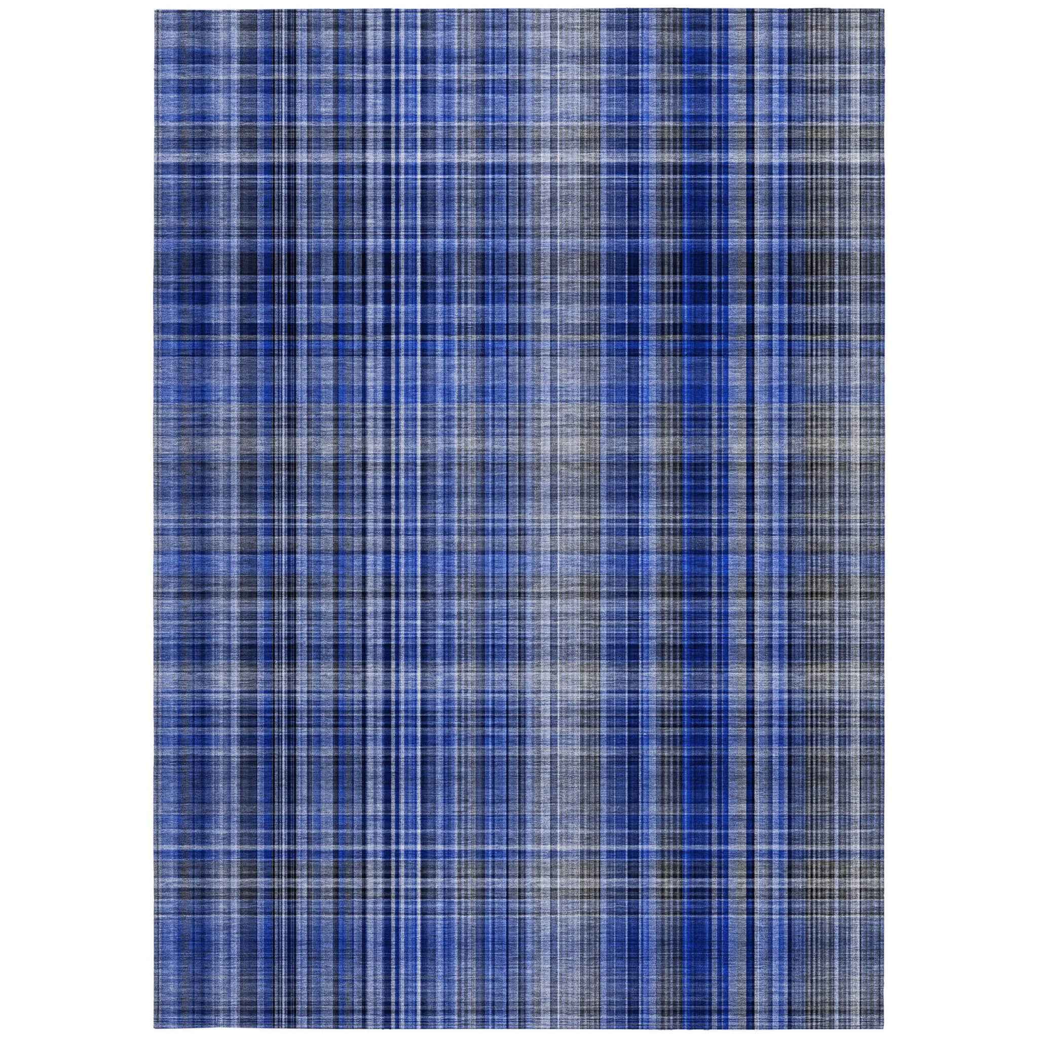 5' X 8' Navy Blue Plaid Washable Non Skid Indoor Outdoor Area Rug