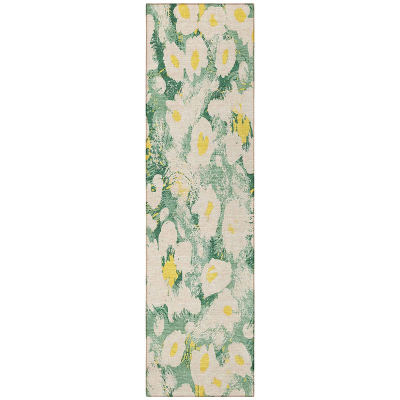 8' Runner Green Floral Washable Non Skid Indoor Outdoor Runner Rug