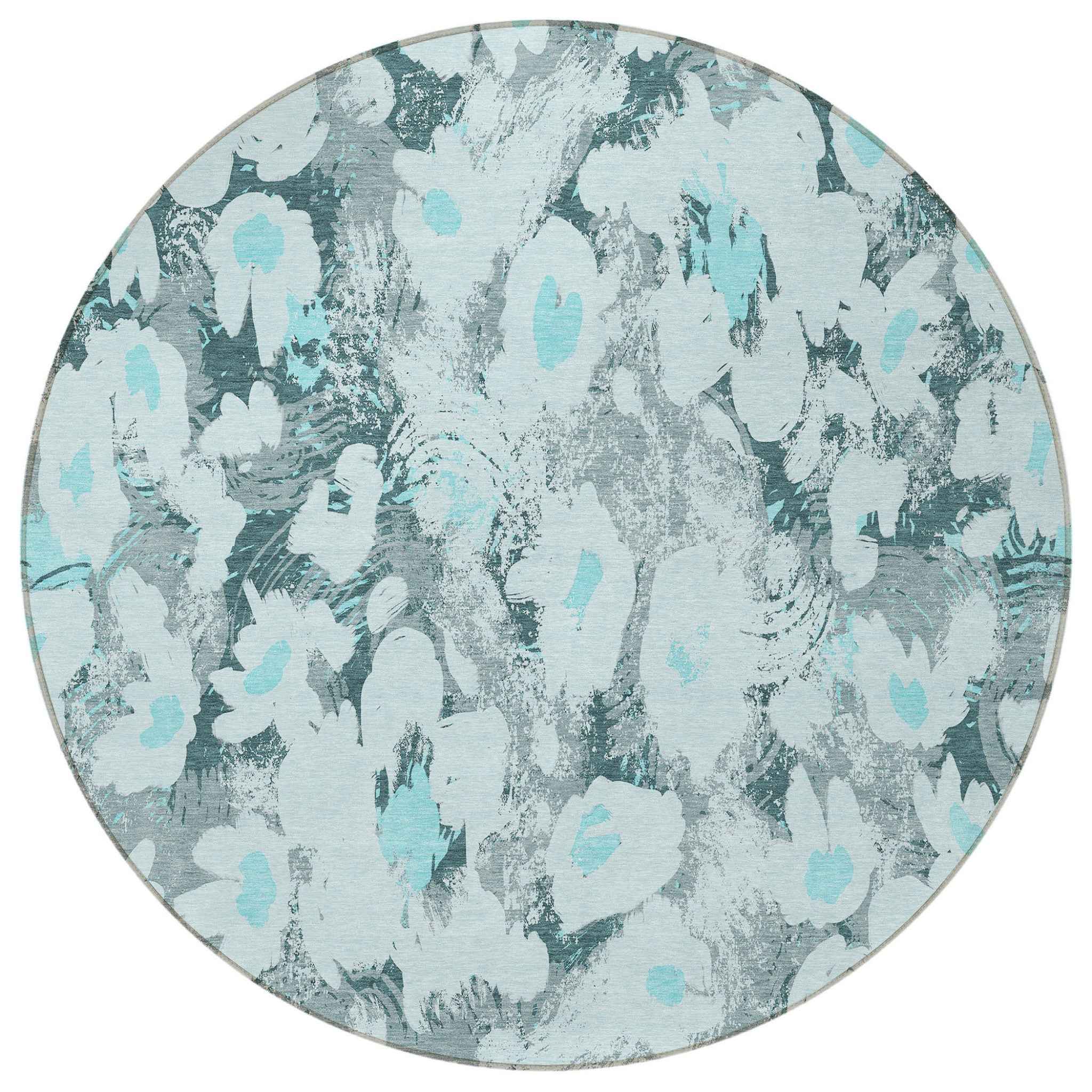 8' Round Teal Round Floral Washable Non Skid Indoor Outdoor Area Rug
