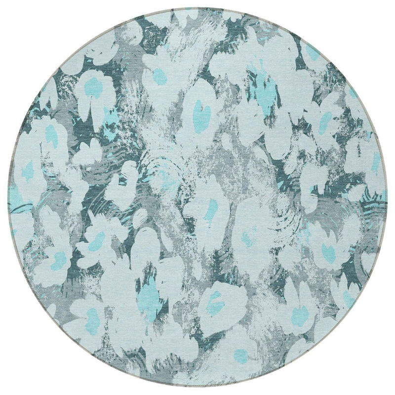 8' Round Teal Round Floral Washable Non Skid Indoor Outdoor Area Rug