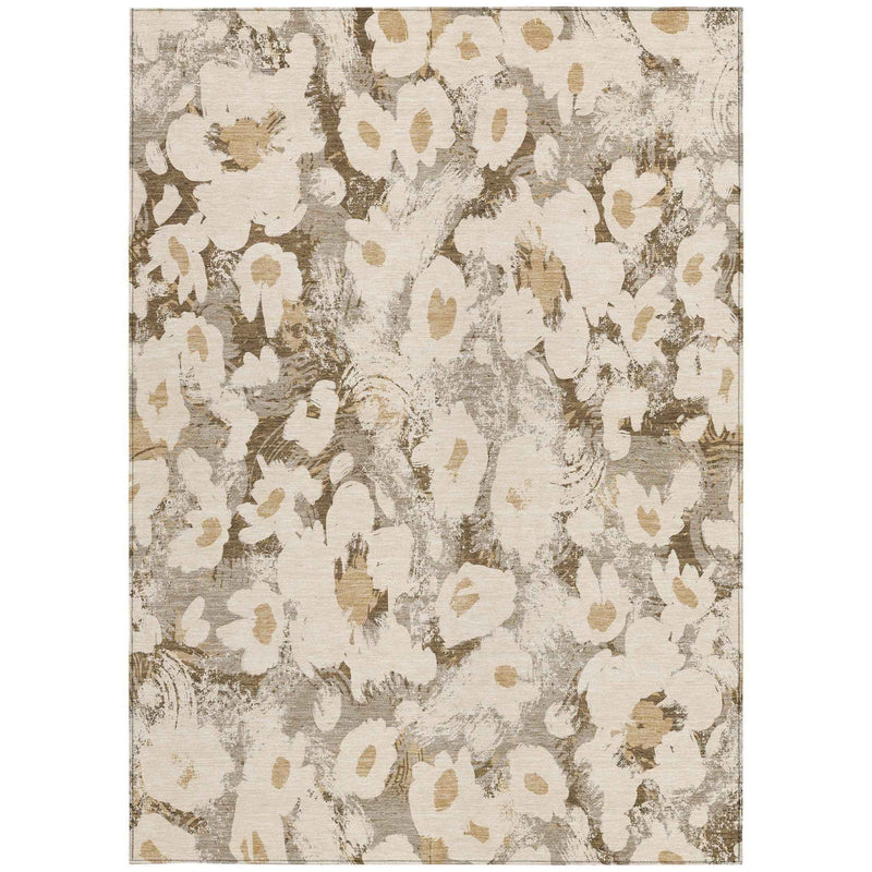 3' X 5' Khaki Floral Washable Non Skid Indoor Outdoor Area Rug