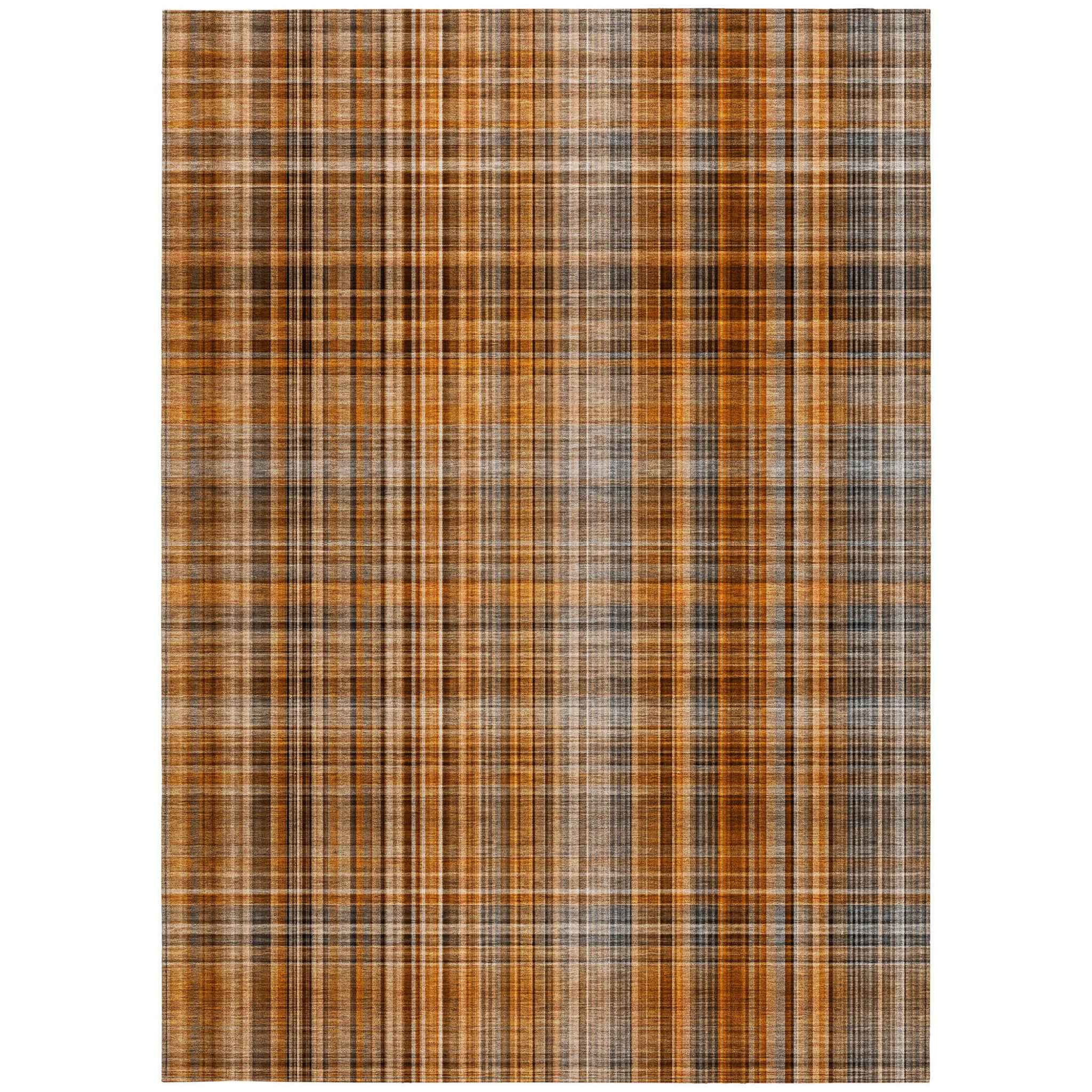 10' X 14' Terra Cotta Plaid Washable Non Skid Indoor Outdoor Area Rug