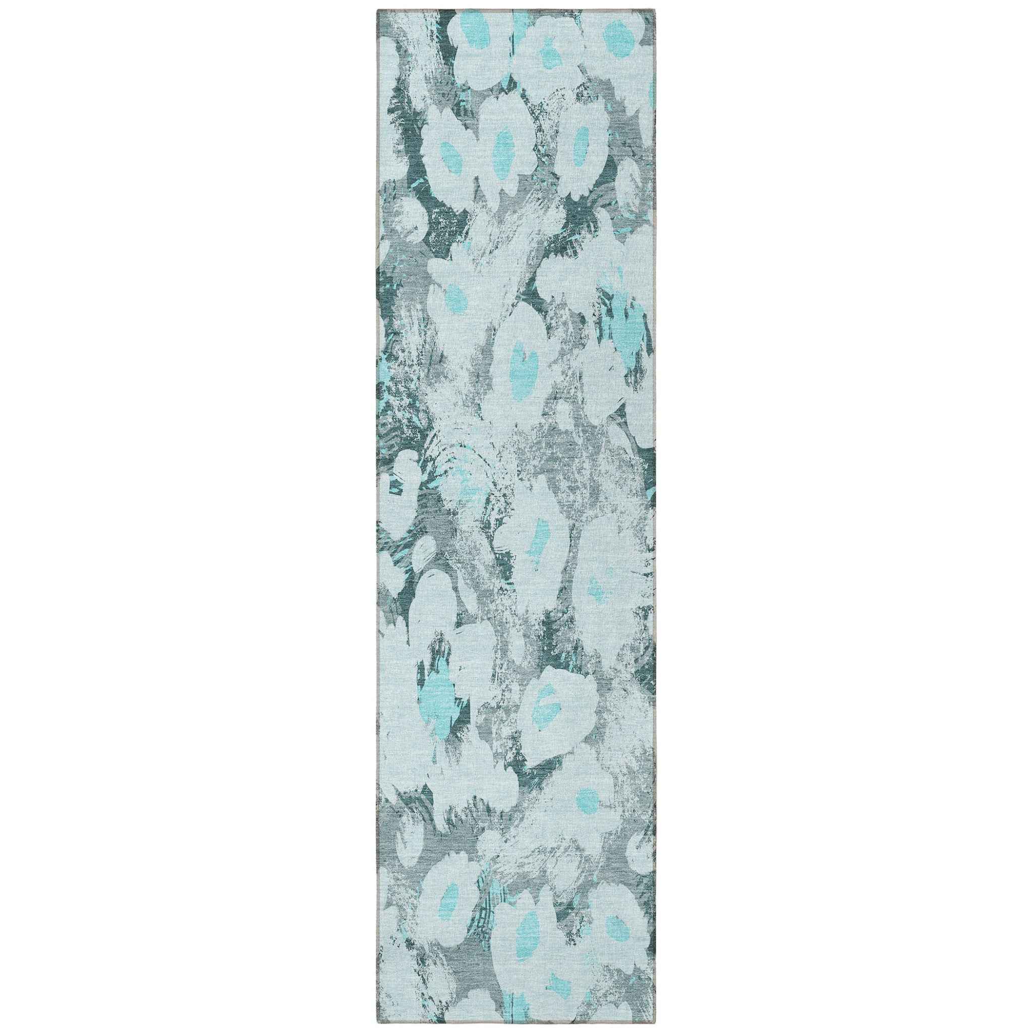 8' Runner Teal Floral Washable Non Skid Indoor Outdoor Runner Rug