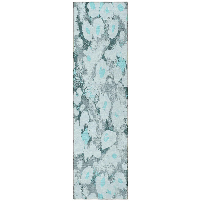 8' Runner Teal Floral Washable Non Skid Indoor Outdoor Runner Rug