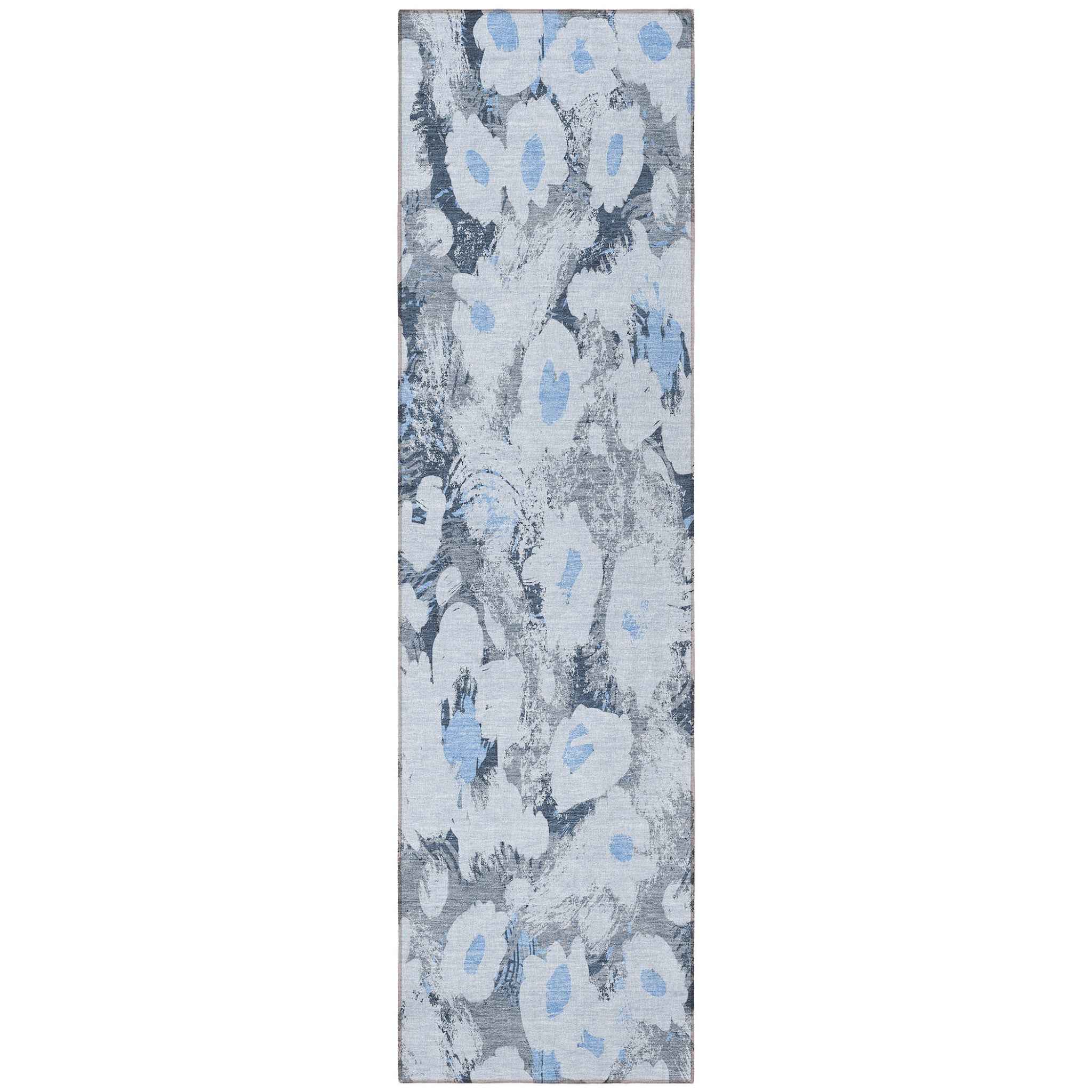 8' Runner Denim Blue Floral Washable Non Skid Indoor Outdoor Runner Rug
