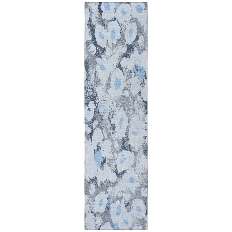 8' Runner Denim Blue Floral Washable Non Skid Indoor Outdoor Runner Rug