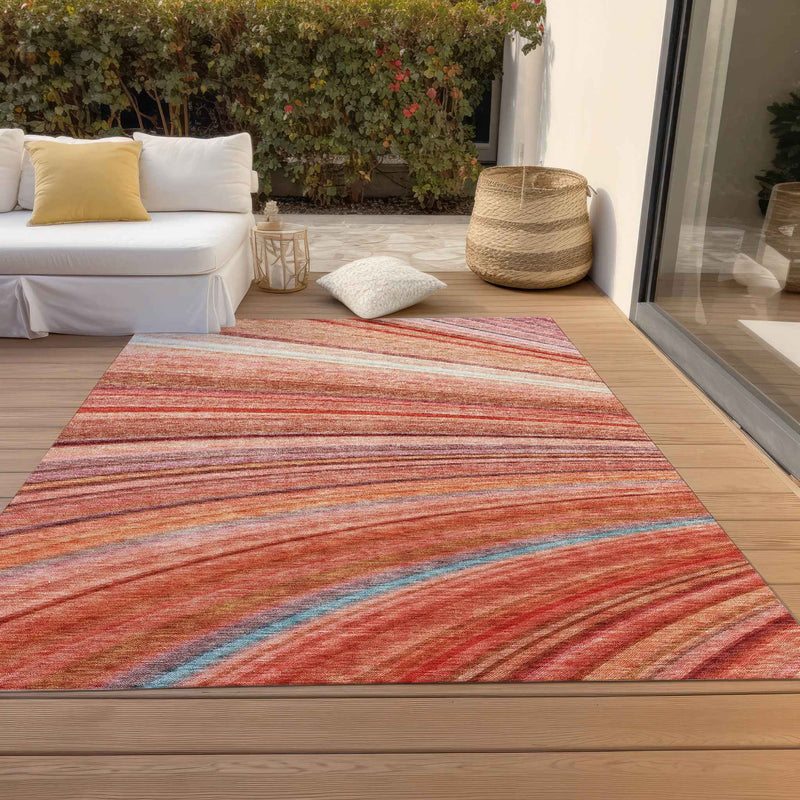 8' X 10' Terra Cotta Salmon And Orange Striped Washable Indoor Outdoor Area Rug