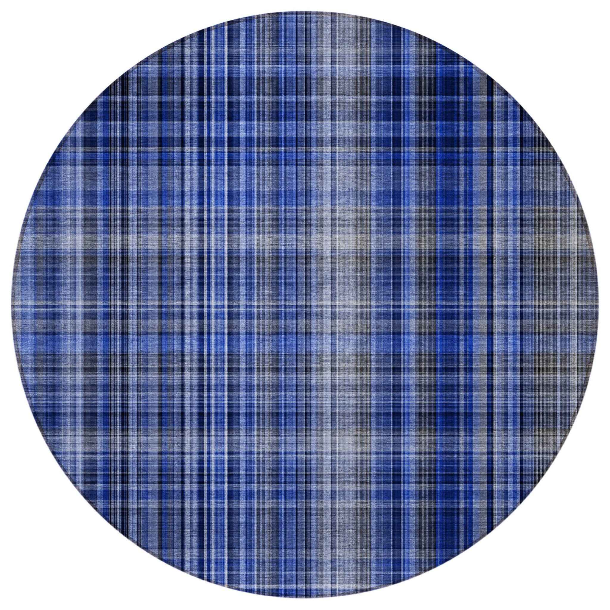 8' Round Navy Blue Round Plaid Washable Non Skid Indoor Outdoor Area Rug