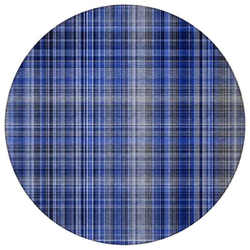 8' Round Navy Blue Round Plaid Washable Non Skid Indoor Outdoor Area Rug
