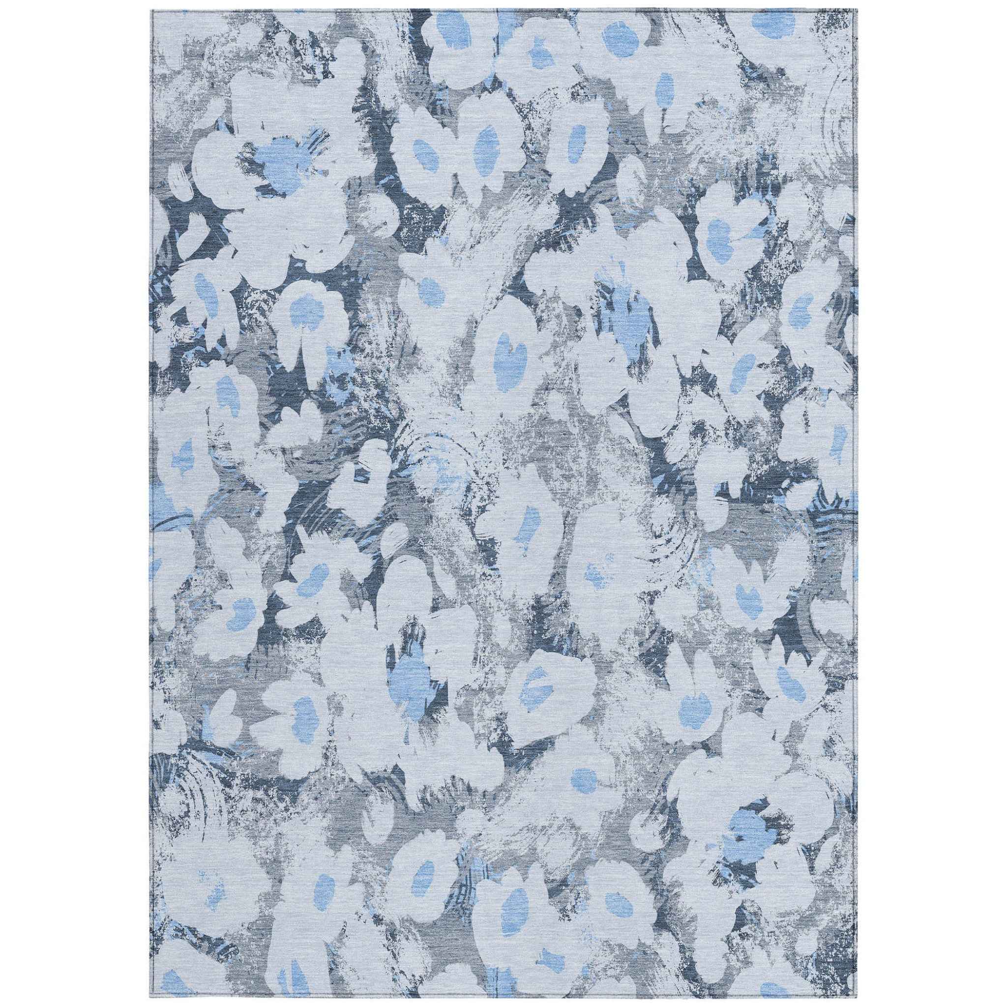 8' X 10' Denim Blue Floral Washable Non Skid Indoor Outdoor Area Rug