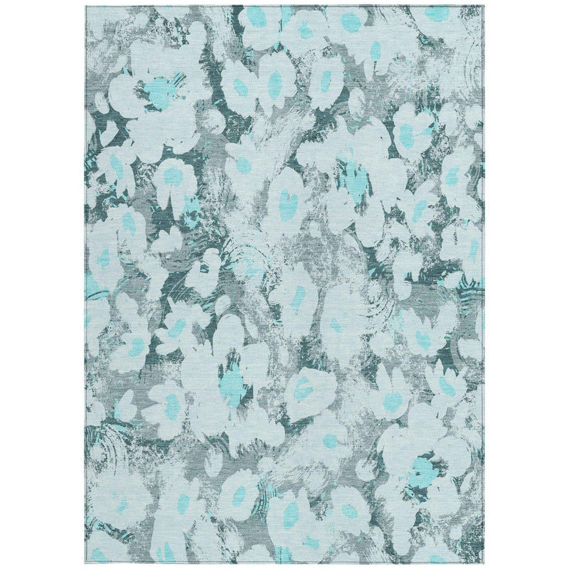 10' X 14' Teal Floral Washable Non Skid Indoor Outdoor Area Rug