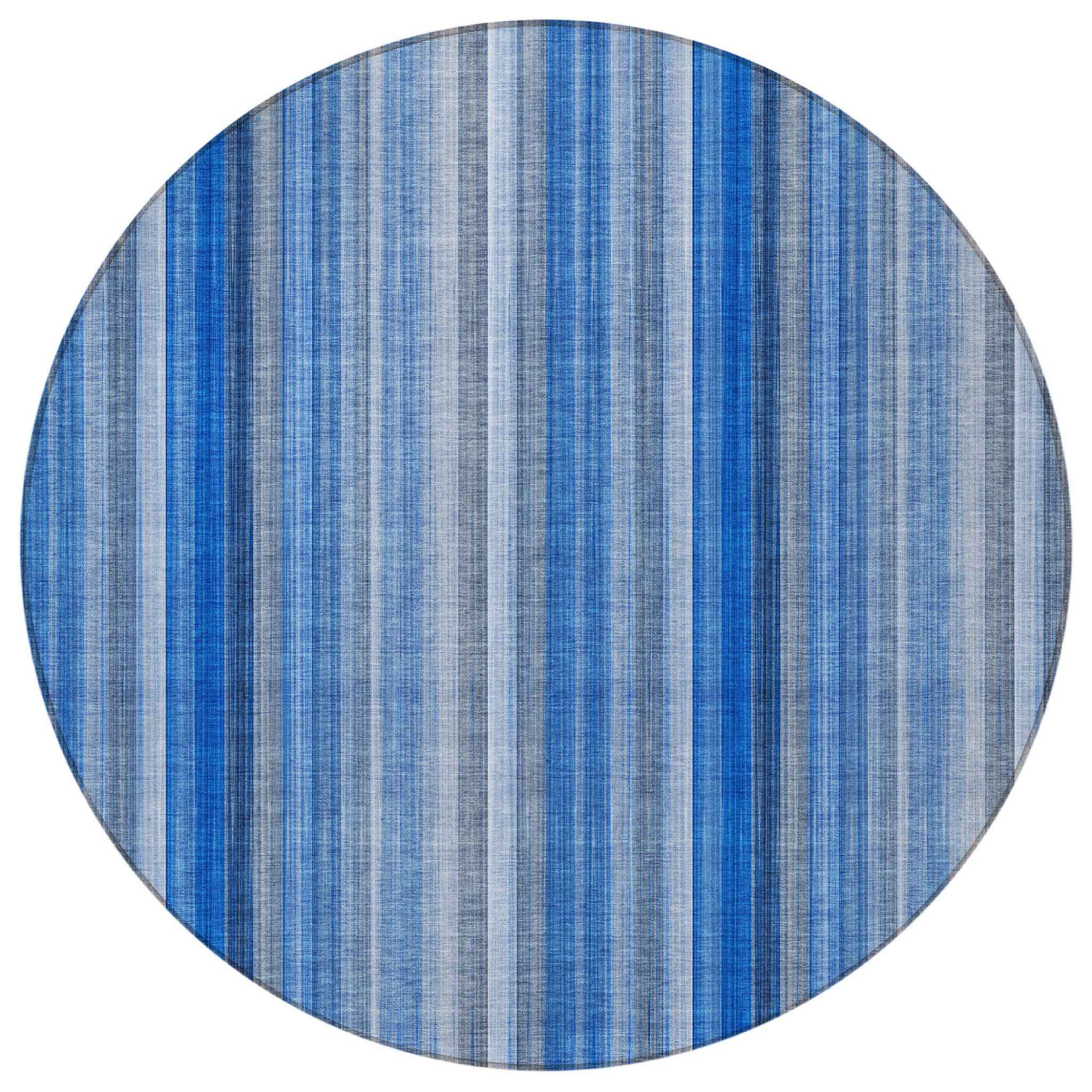 8' Round Blue Round Striped Washable Non Skid Indoor Outdoor Area Rug
