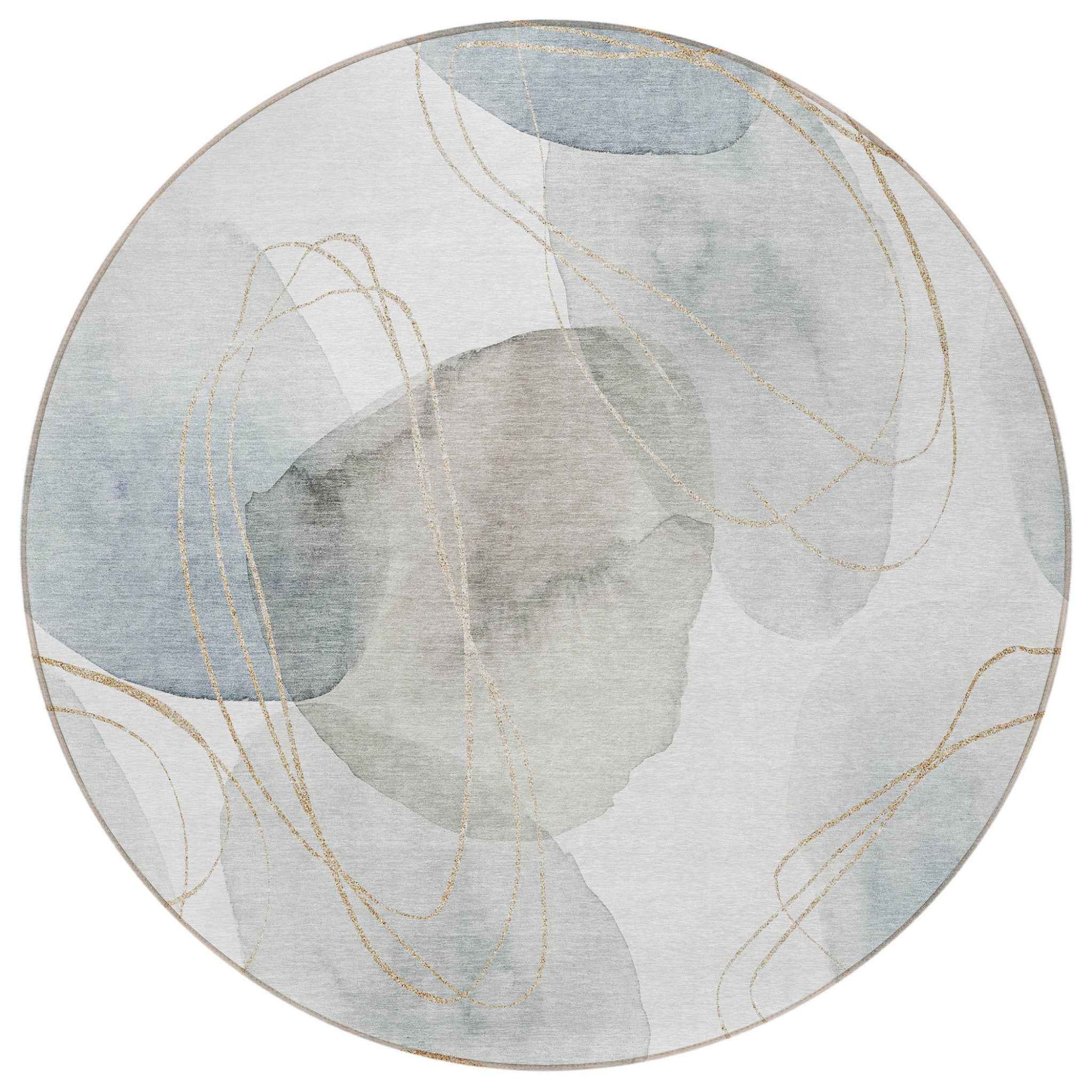 8' Round Ivory Blue and Gray Round Abstract Washable Non Skid Indoor Outdoor Area Rug