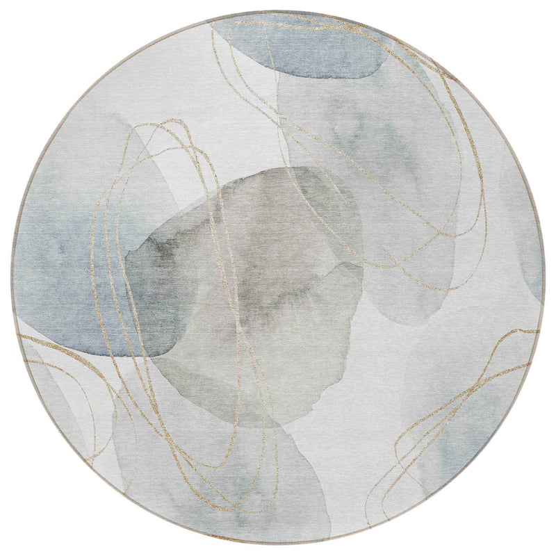 8' Round Ivory Blue and Gray Round Abstract Washable Non Skid Indoor Outdoor Area Rug