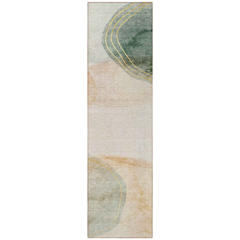 8' Runner Beige and Green Abstract Washable Non Skid Indoor Outdoor Runner Rug