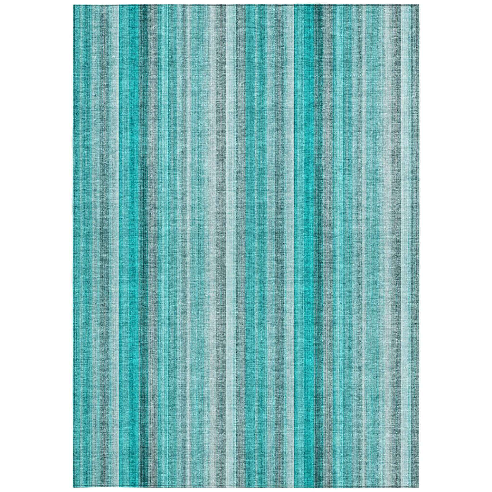 8' X 10' Teal and Gray Striped Washable Non Skid Indoor Outdoor Area Rug