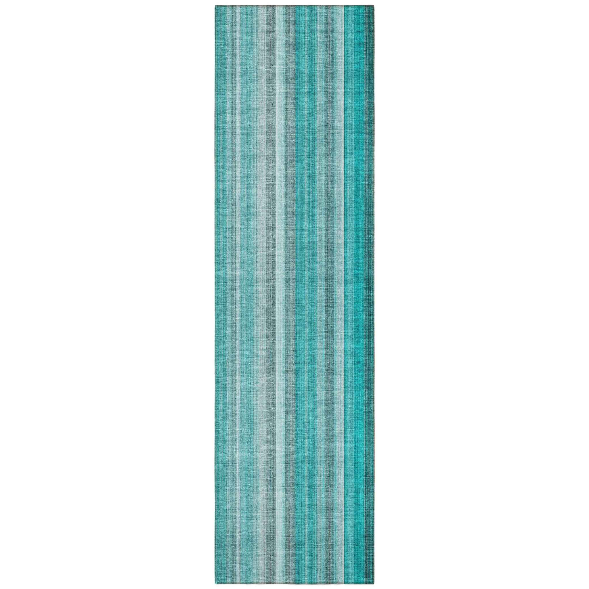 8' Runner Teal and Gray Striped Washable Non Skid Indoor Outdoor Runner Rug
