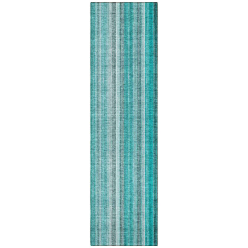 8' Runner Teal and Gray Striped Washable Non Skid Indoor Outdoor Runner Rug