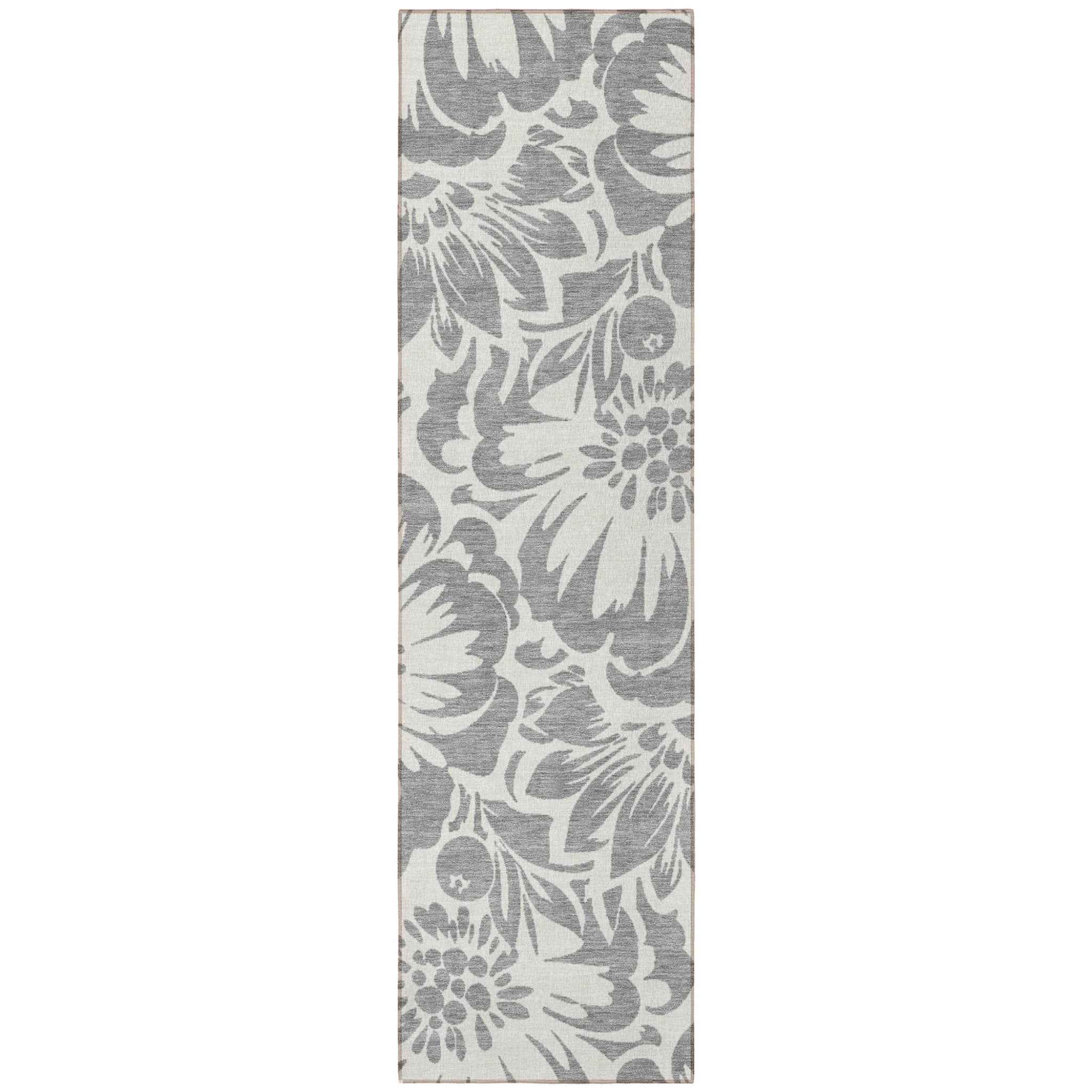 8' Runner Gray and Ivory Floral Washable Non Skid Indoor Outdoor Runner Rug