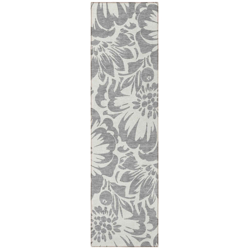 8' Runner Gray and Ivory Floral Washable Non Skid Indoor Outdoor Runner Rug