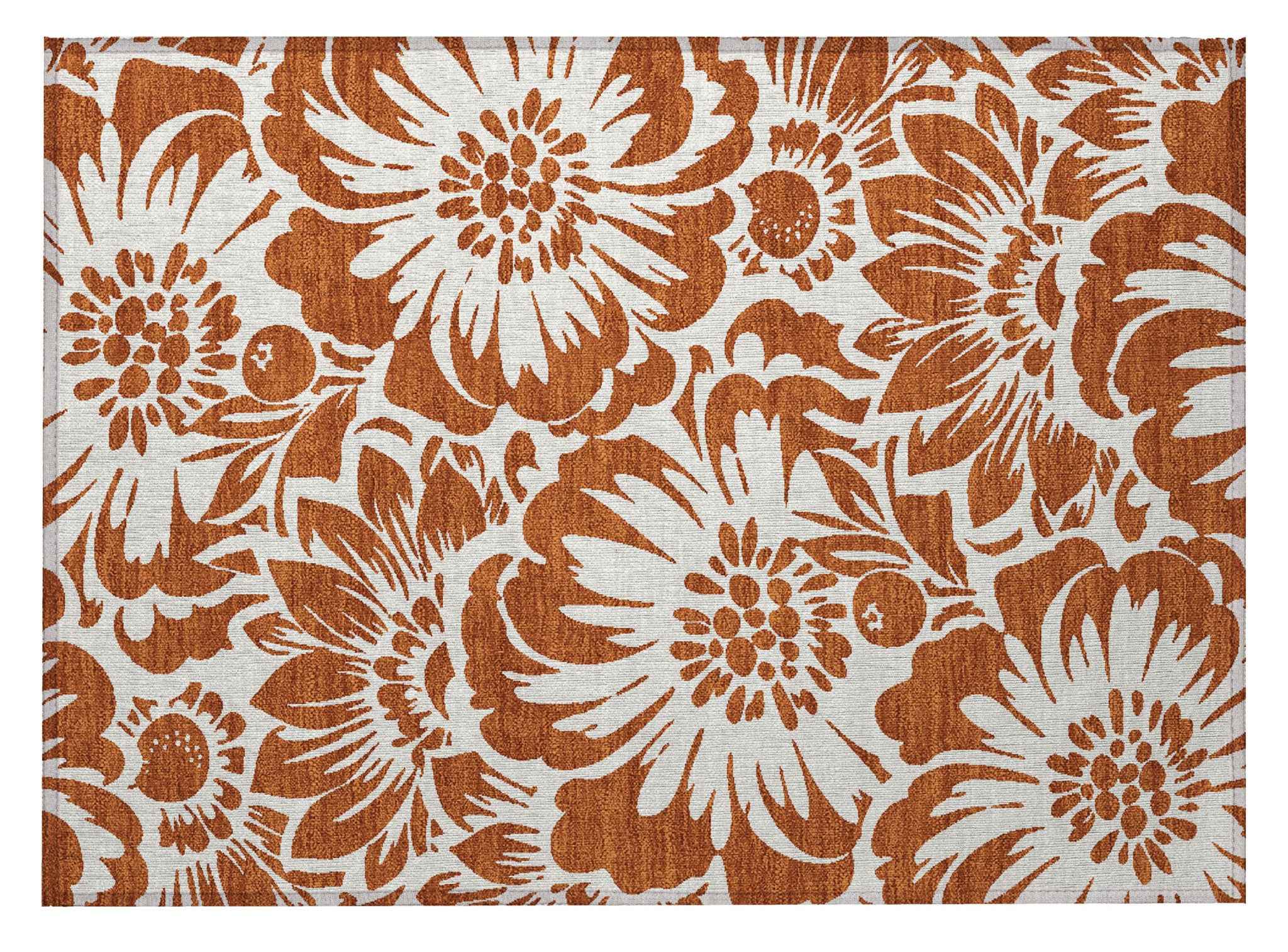 2' X 3' Rust and Ivory Floral Washable Non Skid Indoor Outdoor Area Rug