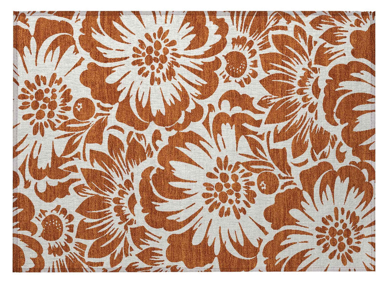 2' X 3' Rust and Ivory Floral Washable Non Skid Indoor Outdoor Area Rug
