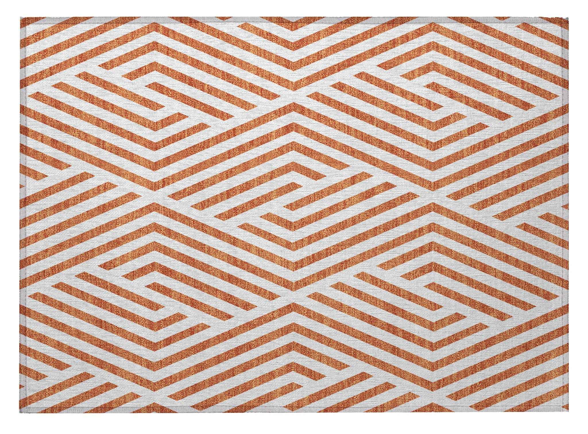 2' X 3' Orange and White Geometric Washable Non Skid Indoor Outdoor Area Rug