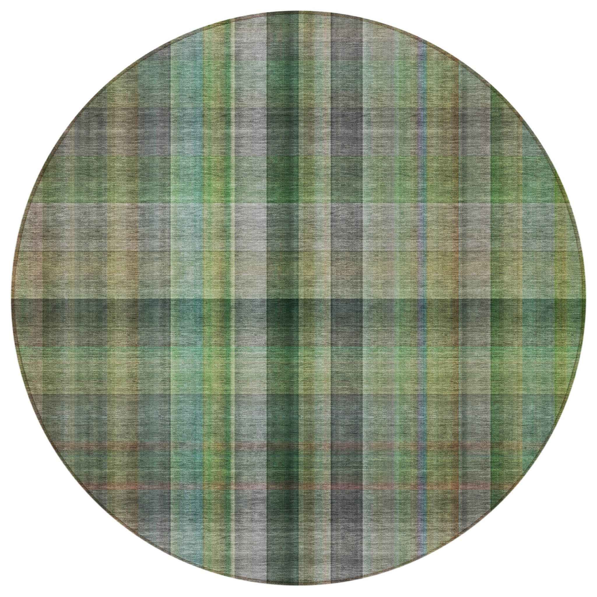 8' Round Green Round Plaid Washable Non Skid Indoor Outdoor Area Rug