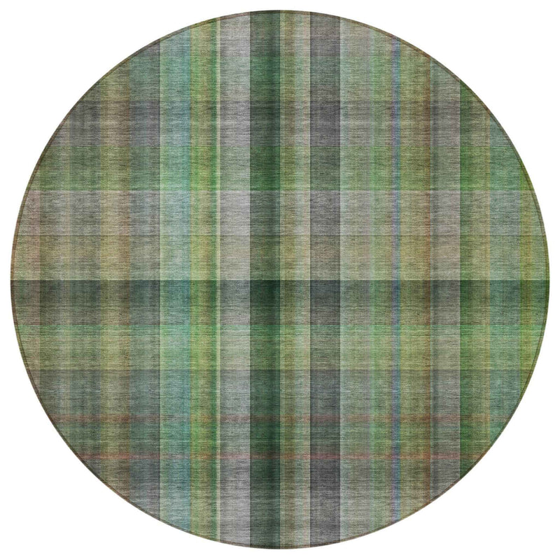 8' Round Green Round Plaid Washable Non Skid Indoor Outdoor Area Rug