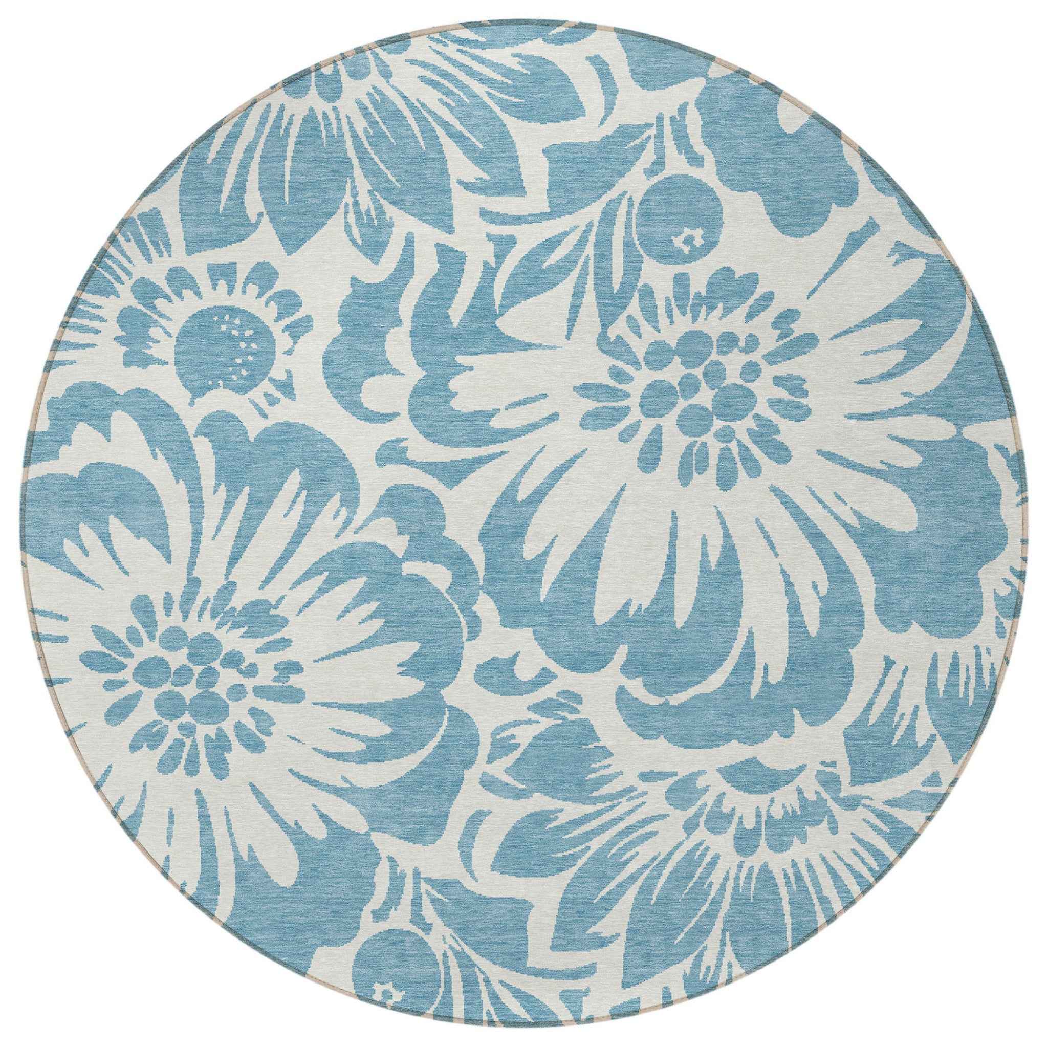 8' Round Denim and Ivory Round Floral Washable Non Skid Indoor Outdoor Area Rug