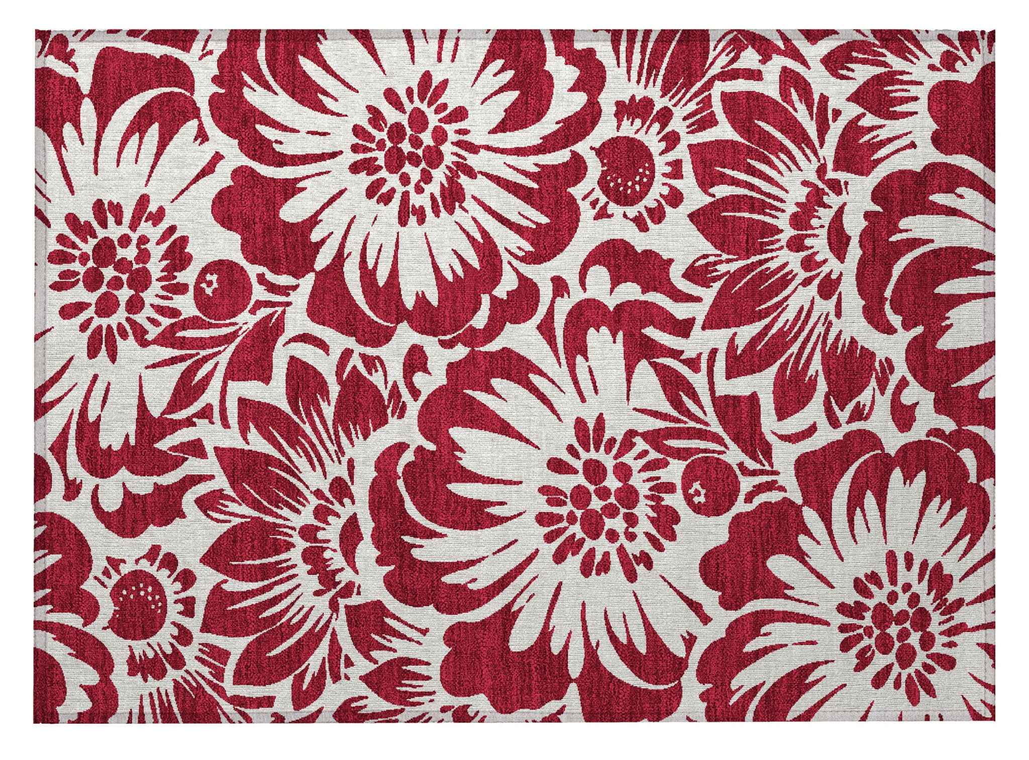 2' X 3' Burgundy and White Floral Washable Non Skid Indoor Outdoor Area Rug