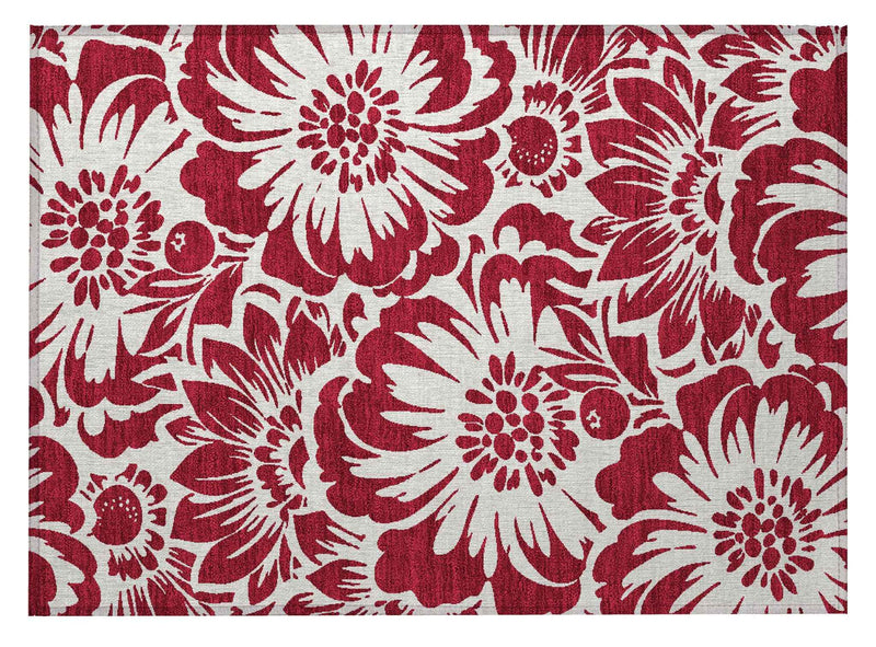 2' X 3' Burgundy and White Floral Washable Non Skid Indoor Outdoor Area Rug