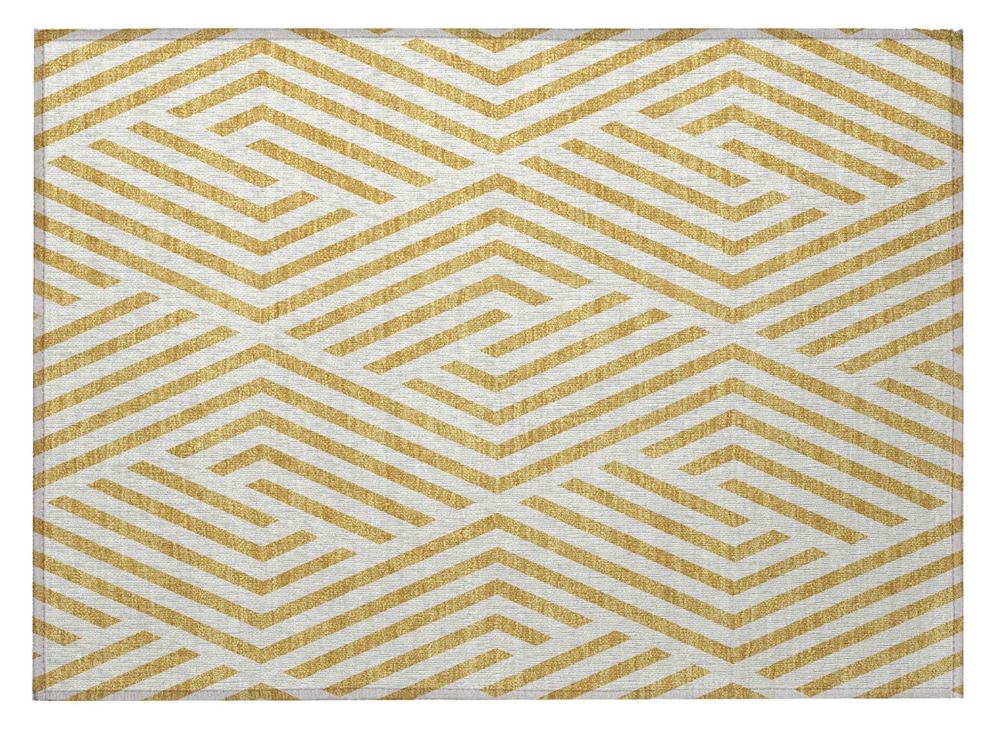 2' X 3' Gold and White Geometric Washable Non Skid Indoor Outdoor Area Rug