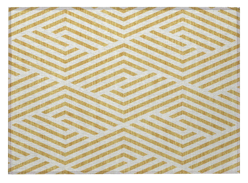 2' X 3' Gold and White Geometric Washable Non Skid Indoor Outdoor Area Rug