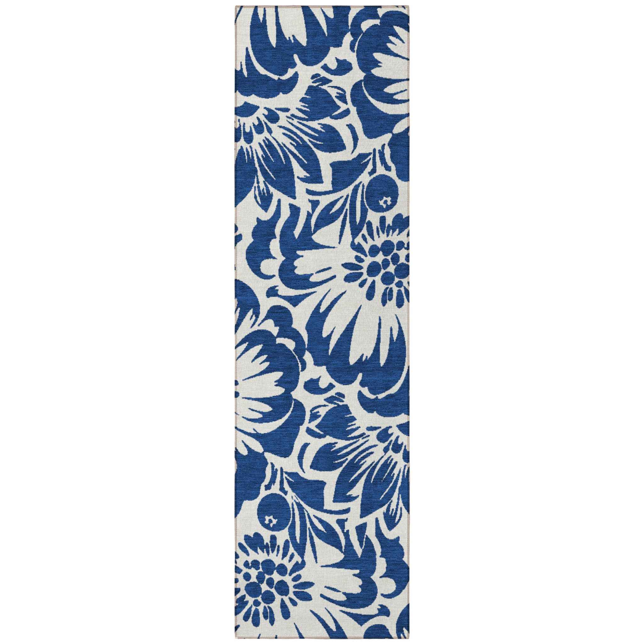 8' Runner Navy and Ivory Floral Washable Non Skid Indoor Outdoor Runner Rug