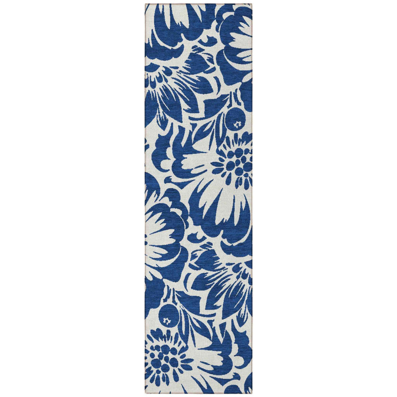 8' Runner Navy and Ivory Floral Washable Non Skid Indoor Outdoor Runner Rug