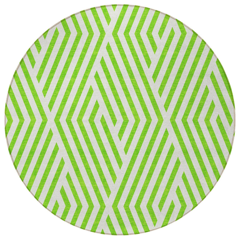 8' Round Lime Green and White Round Geometric Washable Non Skid Indoor Outdoor Area Rug