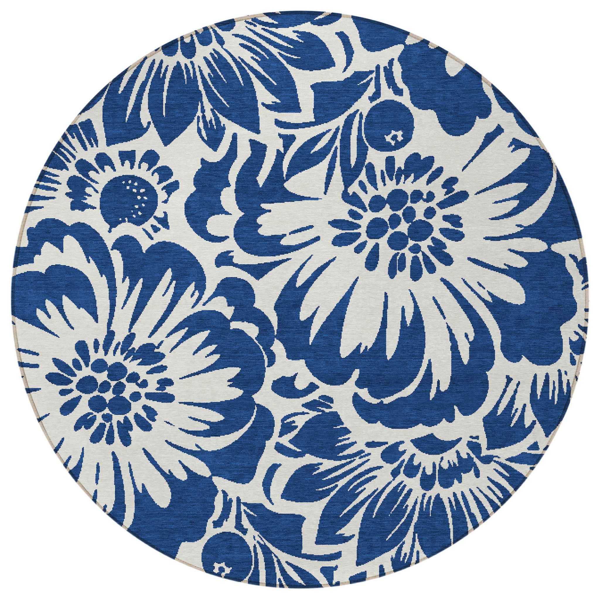 8' Round Navy and Ivory Round Floral Washable Non Skid Indoor Outdoor Area Rug
